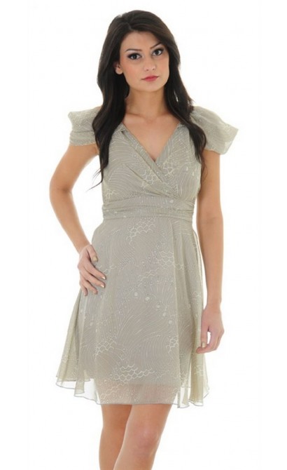 Pretty In Paisley Draped Shoulder Dress In Beige